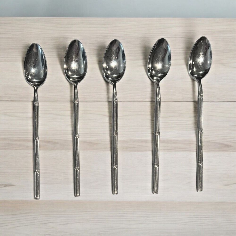 Stanley Roberts Bambu Stainless‎ Silverware Iced Tea Spoons Japan MCM Lot of 5